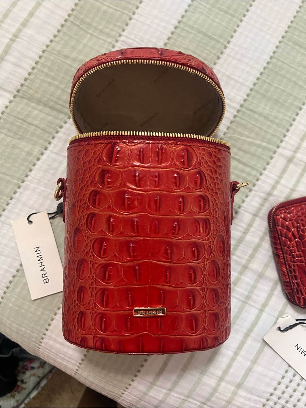 Brahmin Red Croc-Embossed Leather Bucket Crossbody Bag with card wallet